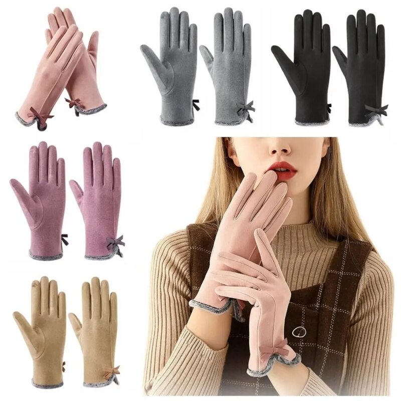 Guantes de invierno con lazo para pantalla táctil, guantes cálidos de terciopelo de cinco dedos para ciclismo, guantes de conducción de felpa de estilo coreano