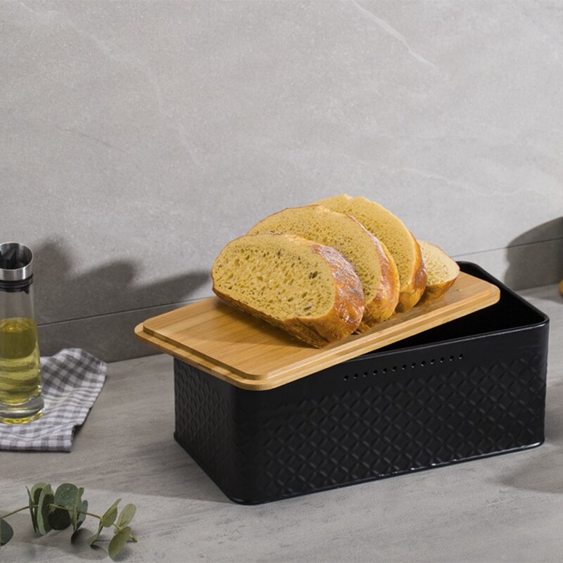 Bread Bin,Innovative Bread Box Thanks To Carbon Coating,With Integrated Ventilation Holes,Including Bamboo Lid
