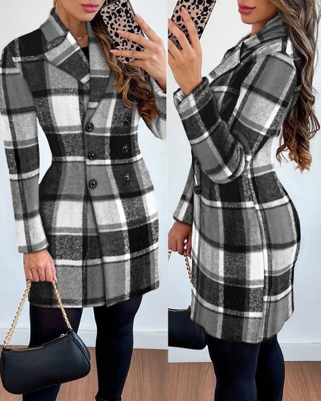 Cappotto da donna autunno e inverno 2023 motivo scozzese colletto dentellato maniche lunghe cappotto doppiopetto moda elegante cappotto da ufficio