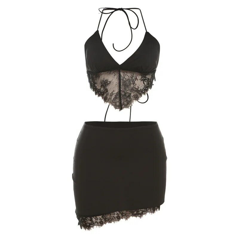 Schwarze Spitze 2 Stück kurze Frauen Abendkleid V-Ausschnitt Sommer Party Kleid ärmellose Urlaub Rock lässig täglich Streetwear Roben