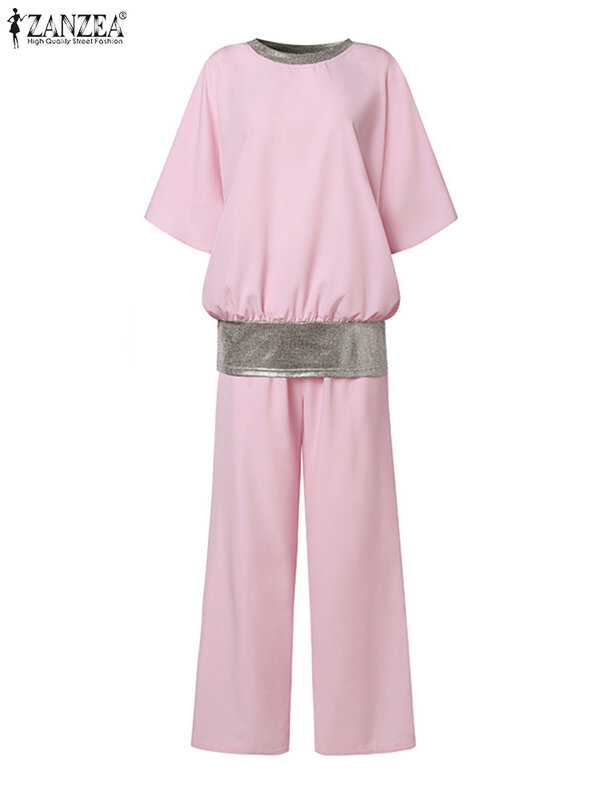 Костюм спортивный ZANZEA женский из 2 предметов, элегантный комплект из блузки с коротким рукавом и брюк с широкими штанинами, лето 2024