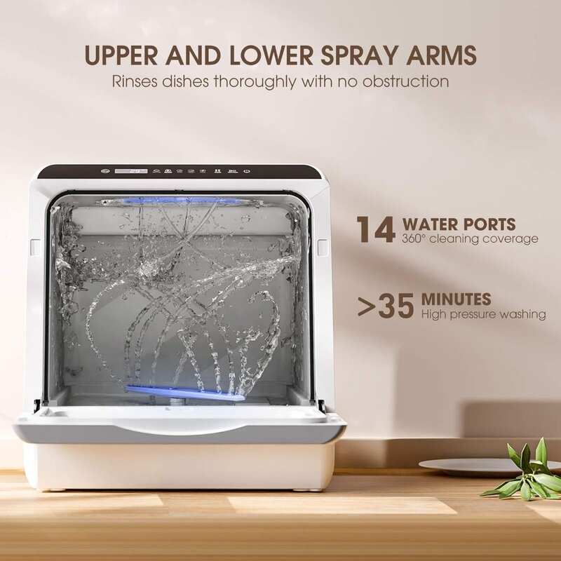 Mesin pencuci piring meja portabel, mesin cuci piring kompak dengan tangki air & selang Inlet bawaan 5 L, 5 program cuci, perawatan bayi