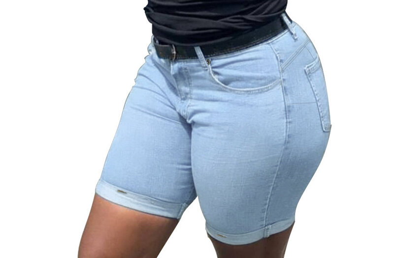 Pantalones cortos vaqueros ajustados de cintura alta para mujer, ropa de estilo callejero, Color sólido, nueva moda