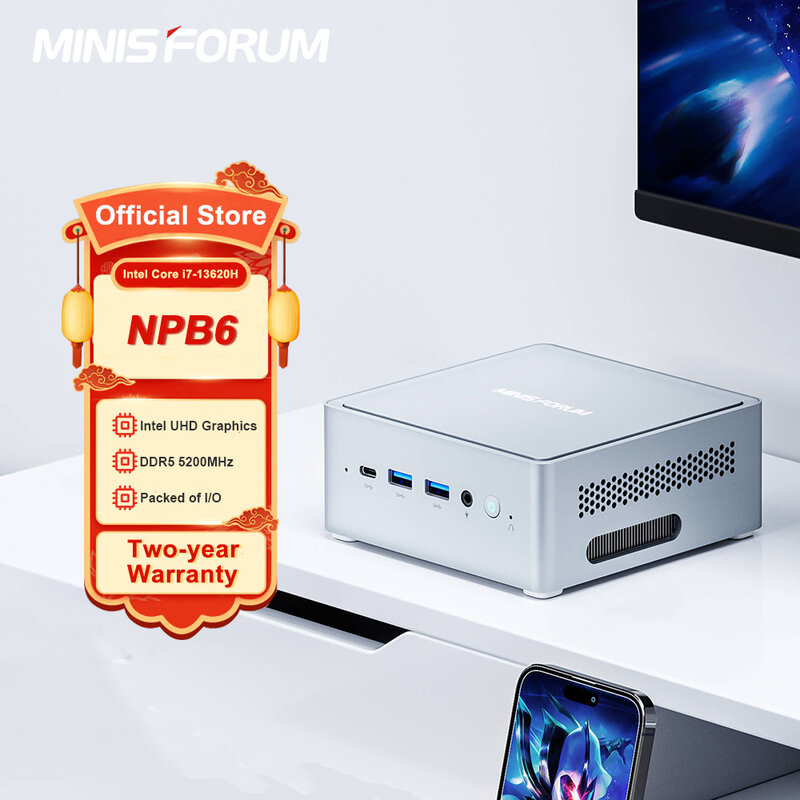 MINISFORUM komputer Mini PC NPB6 Intel generasi ke-13 Intel Core i7-13620H DDR5 32GB 1TB SSD 8K USB4 Desktop Windows 11