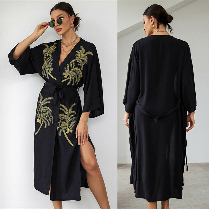 Golden Embroideried Coconut Palm Flare Sleeve Beach Kimono Cardigan Dresses For Women Loose Beach Wear Bikini Cover Ups