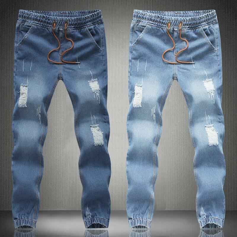 Celana Jeans sobek untuk pria, celana Jin Denim pas badan tali serut, celana kasual panjang setumit, celana Denim pensil modis
