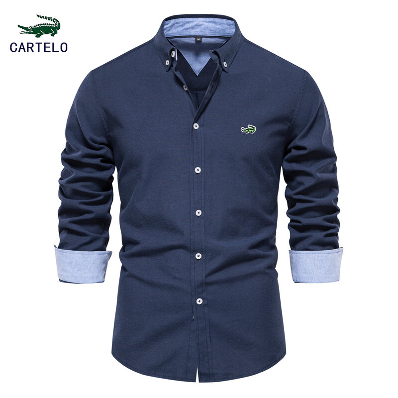 New Autumn Long Sleeve Oxford Men's Shirts Solid Color Embroidery Turn-down Collar Blouse Social Shirts for Men Designer Clothes