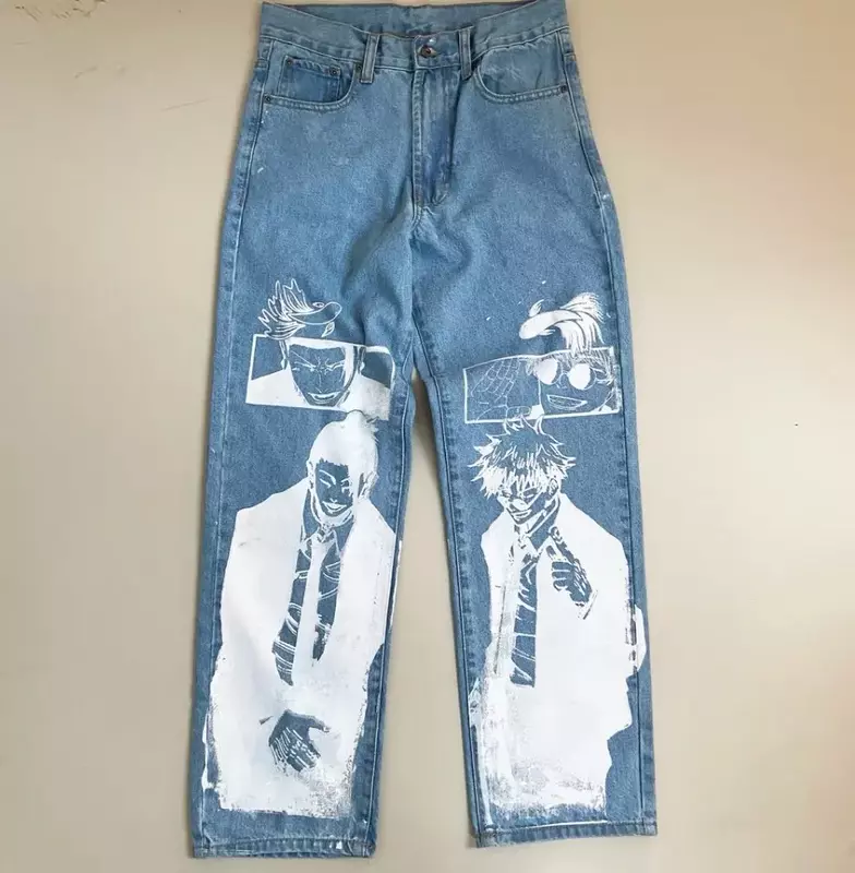 Jeans Harajuku de perna larga para homens e mulheres, calças de cintura alta, estilo japonês, gráfico anime, streetwear, Y2K, novo
