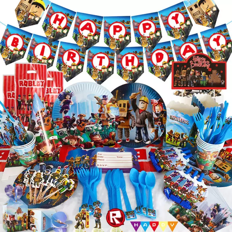 New Birthday Party Virtual World ROBLOX Party Decoration Cup Plate Tablecloth Disposable Tableware Birthday Girls Kids Boys