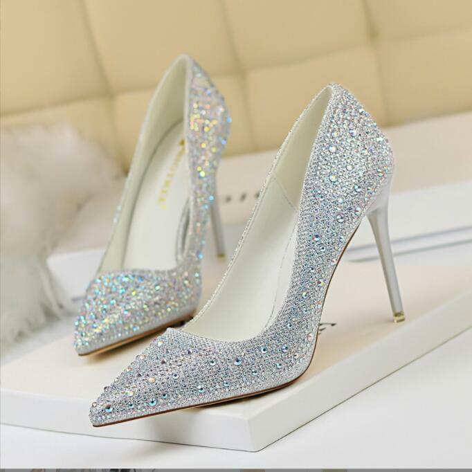 Новые Сексуальные женские туфли-лодочки, туфли на высоком каблуке со стразами, модная офисная обувь, женская классическая Свадебная обувь на каблуке