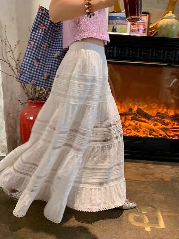 女性用ホワイトマキシ原宿スカート,韓国ハイウエストスカート,エレガントなロングスカート,透かし彫り,空中ブランコ