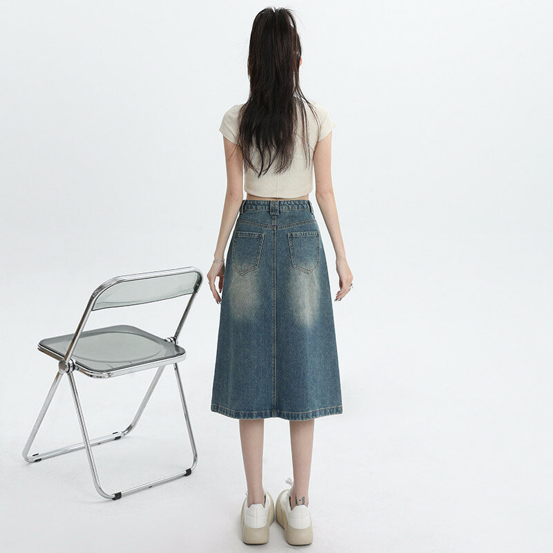 FINEWORDS Vintage Summer High Waist Long Denim Skirt Women Harajuku Jean Skirts Korean Casual Streetwear Retro Skirts