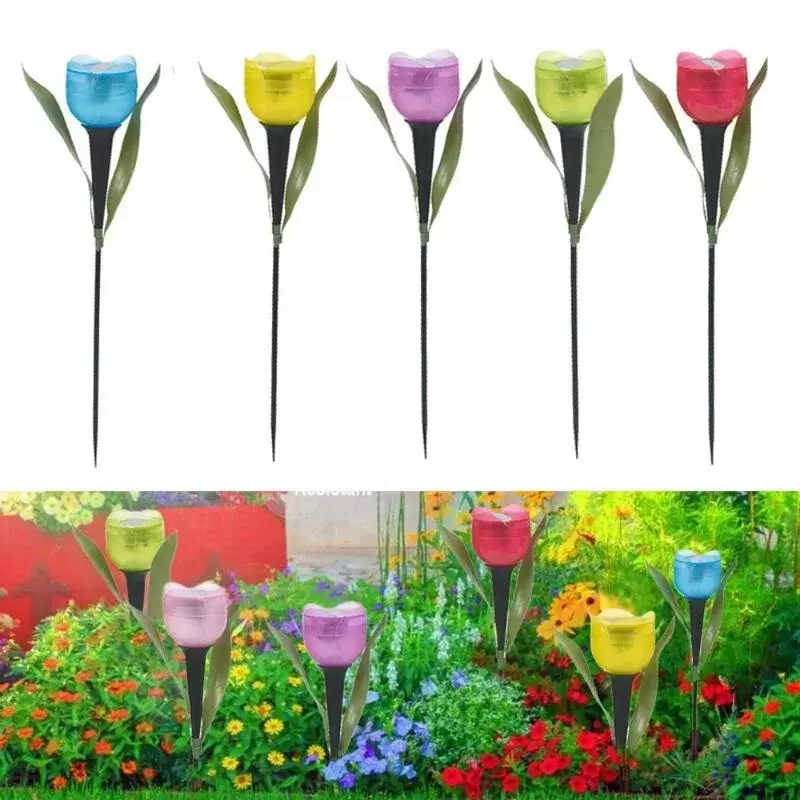 1Pc Garden LED Solar Simulation Tulip Flower Shape Powered Waterproof Tube Lawn Lights Standing Decor For Yard Outdoor Party