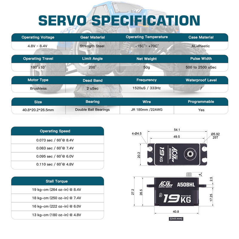 AGFRC A50BHL 19KG Ultra Torque supervelocidad 8,4 V programable bajo perfil sin escobillas dirección RC Servo para coche Touring Drifting