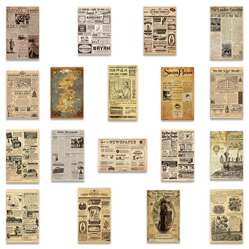 Vintage Amarelado Vintage Pergaminho Retro Jornal Adesivos, DIY Decalques, Diário, Mala, Scrapbook, Telefone, Laptop, Bicicleta Adesivo, 35Pcs