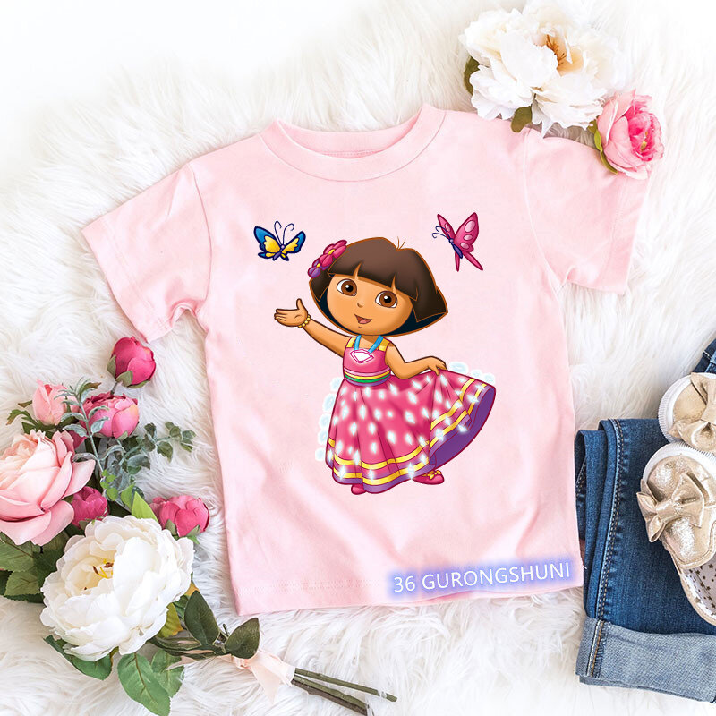 Camiseta Kawaii para niñas, camisa con estampado de dibujos animados de Dora Explorer, Estética de verano, Tops rosas de manga corta
