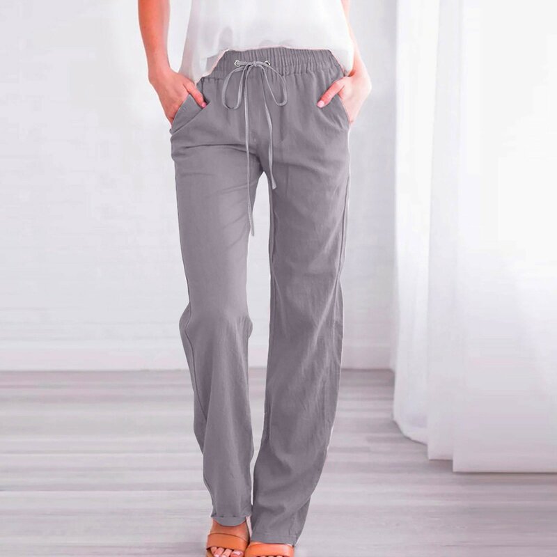 Pantalon en coton et lin pour femme, couleur unie, élastique, proximité, wstring, jambes larges, taille haute, commande FJM, droit, décontracté