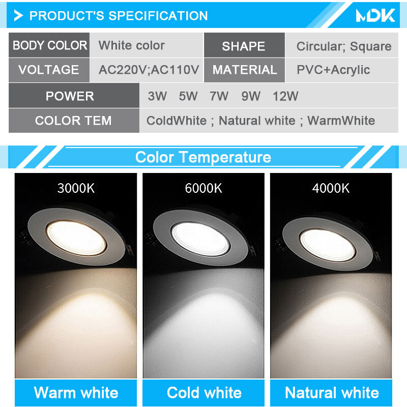 Spot Lumineux LED Intégré avec Angle Réglable, Éclairage d'NikRotatif, 3/5/7/9/12W, AC 220/110V