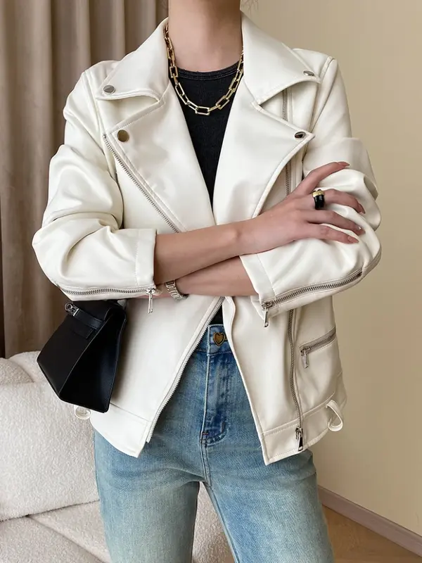 Jaket kulit motor wanita, mantel kasual polos Streetwear dengan sabuk musim semi musim gugur 2024