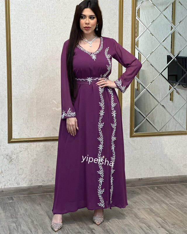Prom Dress Evening    Jersey Beading Celebrity A-line V-neck Bespoke Occasion Gown Midi es Saudi Arabia
