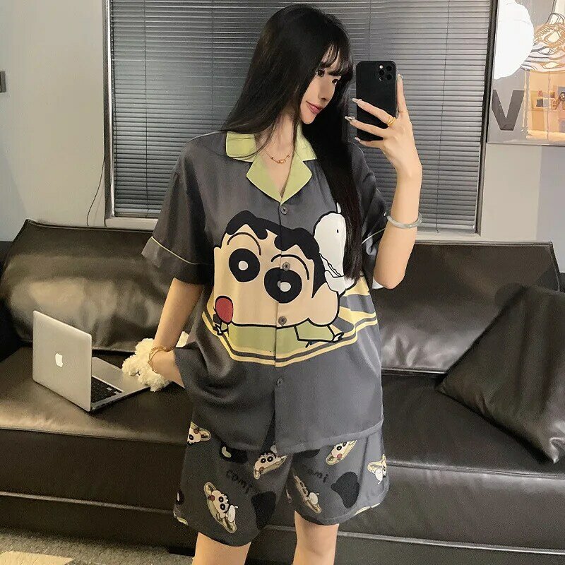 Ins Cute Crayon Xiaoxin Ice Silk Pajamas for Women with Chest Pads Summer Luxury Cardigan Short Sleeves Wearing Home Fury