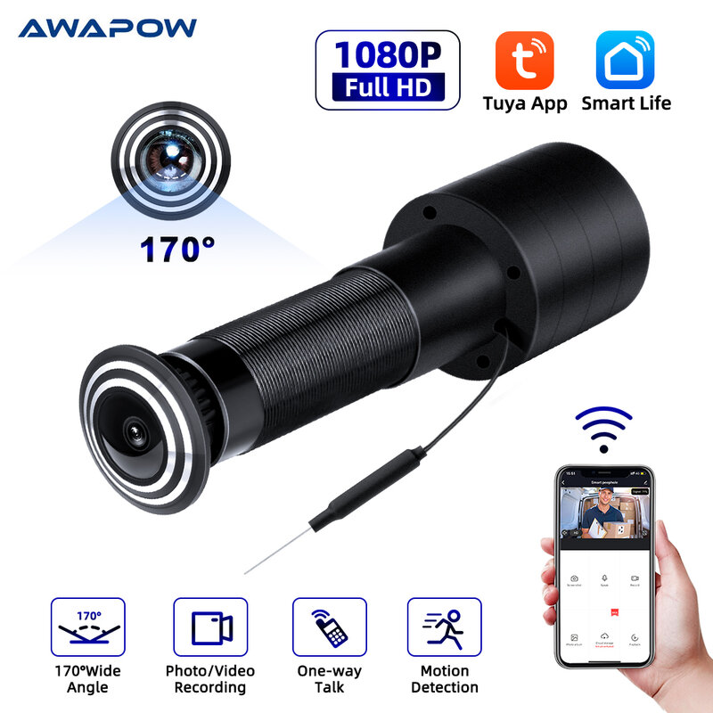 Awapow-Mini WiFi Door Peephole Camera, Detecção de Movimento, Gravação de Vídeo, Lente Grande Angular 170 °, HD 1080P