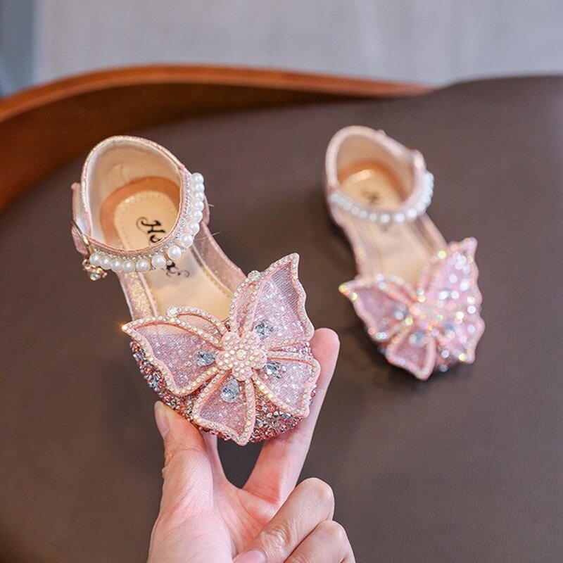 Zapatos de princesa para niñas, Sandalias de tacón bajo con lazo y lentejuelas, a la moda, para fiesta de baile, 21-35
