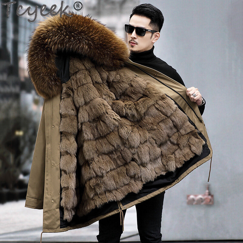 Tcyeek średniej długości kurtki futrzane odzież męska ciepła odpinana męska kurtka zimowa mody z futrzana wyściółka lisa kołnierz z futra lisa 2023