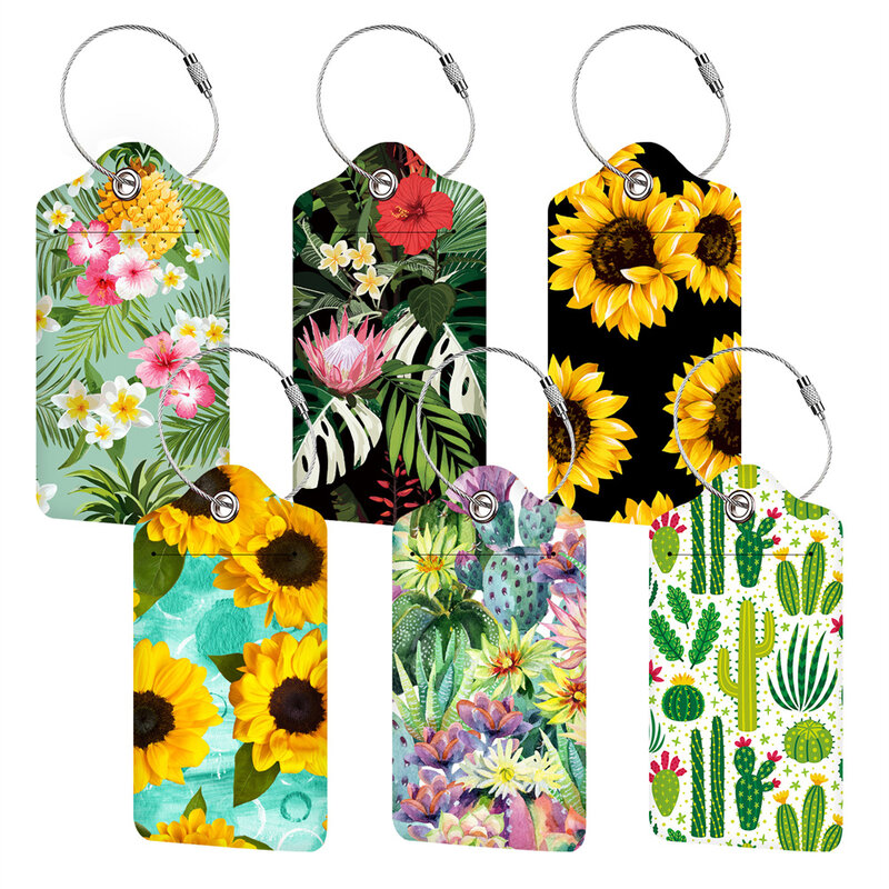 PU Leather Luggage Tags Sunflower pattern Boarding Pass Tag Suitcase Name Tag Airplane Labels Engrave Logo Travel Accessories