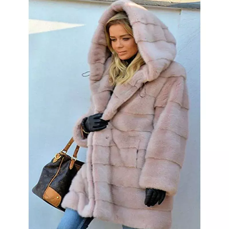 Medium length solid color loose plush hooded coat fur autumn and winter warm coat