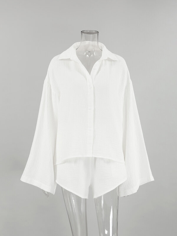 Hiloc 화이트 코튼 파자마 세트, 루즈 플레어 긴팔 라운지웨어, 패셔너블 여성 잠옷, 2024 나이트웨어