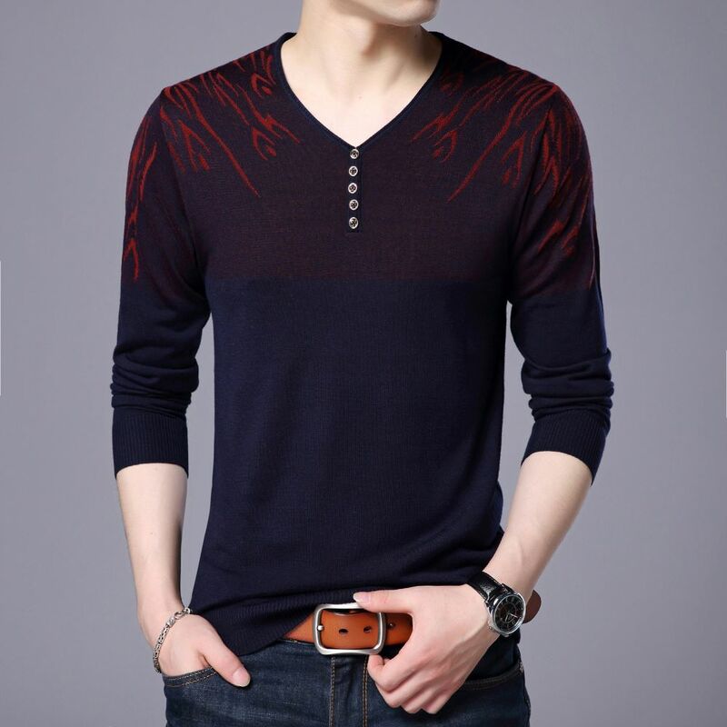 COODRONY Fashionable Men's V-neck Knitted Sweater New Thin Long-sleeved T-shirt With Unique Geometric Pattern Design Top W5637