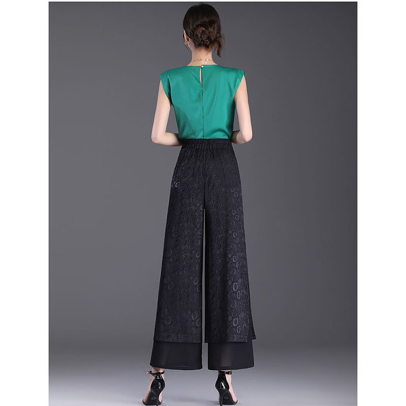 Calça chinesa dividida feminina, cintura alta, jacquard caído, casual de perna larga, calça solta, moda verão, nova calça de saia, 2024