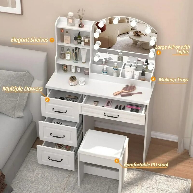 Bedroom Makeup Vanity Desk com Luzes, Móveis para Casa, 3 Cores de Iluminação, 4 Gavetas, Vanity Table Set, Tamanho Grande, 39.4in L