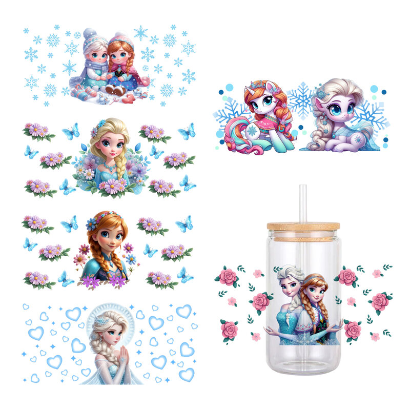 Disney Princess Frozen Coffee Can Glass Wrap, Elsa e Anna, Impermeável, UV, DTF, 16oz Can Glass, 3D