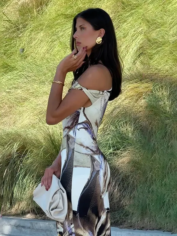Maxi abito con stampa colletto diagonale donna Slim Sexy Hip Wrap senza maniche Summer Fashion Lady Beach Banquent Bodycon Long Dress