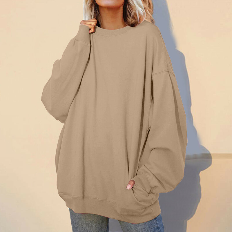 Sweatshirt oblong ukuran besar wanita, atasan Pullover Harajuku longgar bertudung modis Vintage kasual Solid