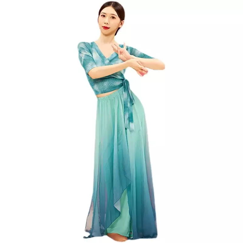 중국 무용 예술 시험 점차적인 유창한 와이드 레그 팬츠 세트, 여성 거즈 옷, 연습 기술