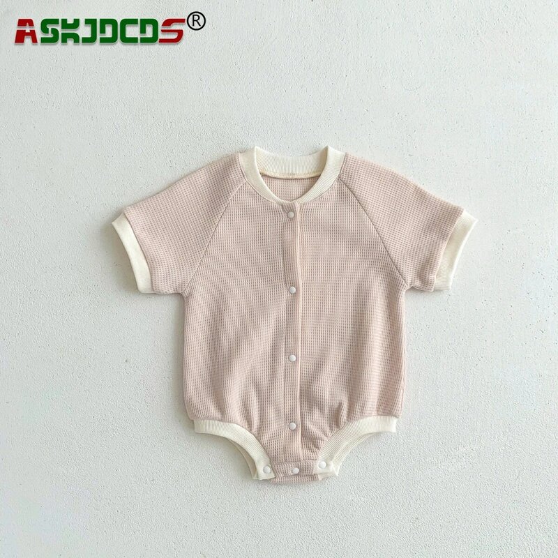 2024 Crawling Infant Baby Girls Boys Patch Waffler Outfit Jumpsuits Kids Newborn Clothing Cotton Overall Single-breast Bodysuit
