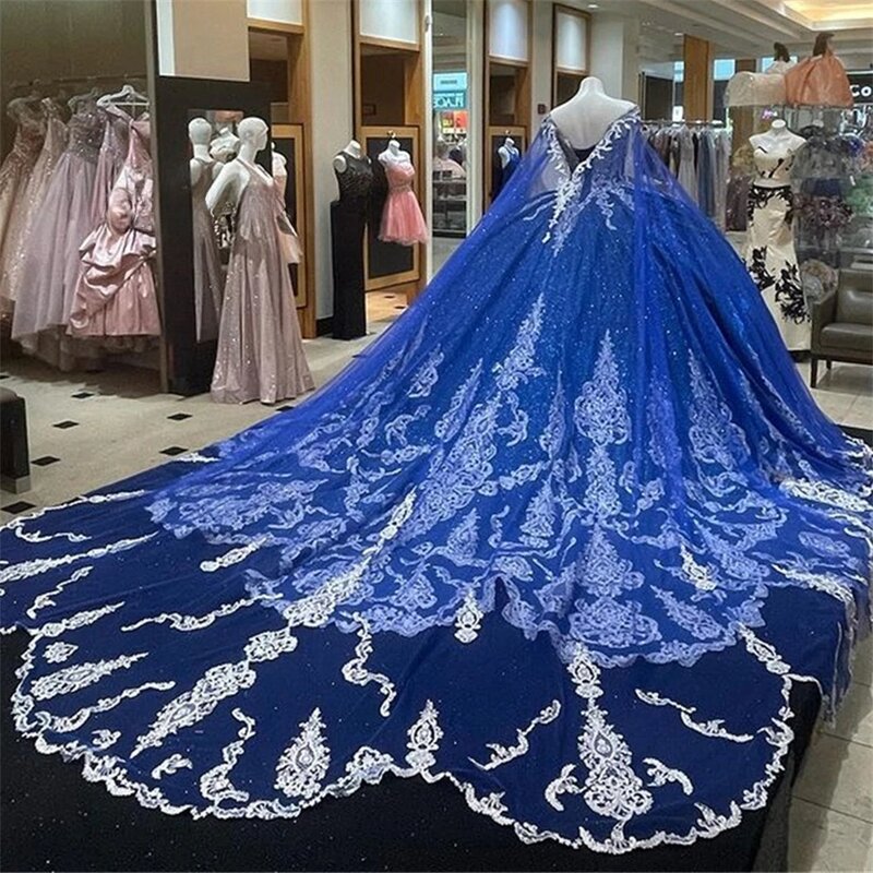 로얄 블루 프린세스 퀸시네라 드레스, 볼 가운, 스파게티 스트랩, 얇은 명주 그물 아플리케, 스위트 16 드레스, 15 아뇨 멕시코