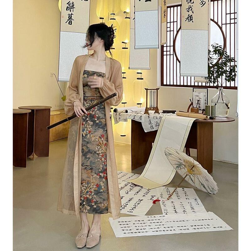 Lato nowy chiński styl elegancki Retro długa, bez rękawów Vintage nadruk w kwiaty sukienka dwuczęściowy chiński codziennie ulepszony zestaw Hanfu