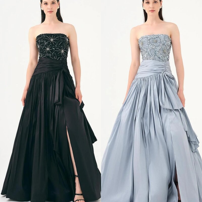 Jersey Draped Rhinestone Beading Cocktail Party A-line Strapless Bespoke Occasion Gown Long Dresses