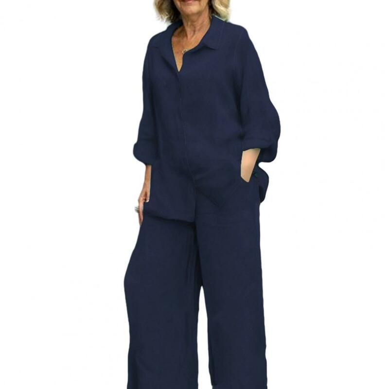 Conjunto de pantalones de lino y algodón para mujer, traje elegante con camisa de manga larga, pantalones de pierna ancha, informal, primavera y otoño