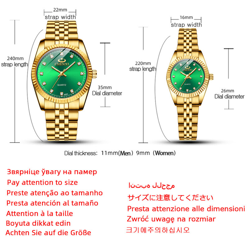 CHENXI-패션 럭셔리 남성 여성 시계, 골드 블루 쿼츠 손목 시계, 스테인레스 스틸 커플 시계, 캐주얼 방수 남성 시계
