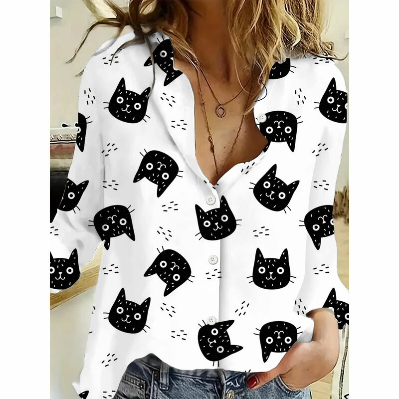 귀여운 고양이 프린트 단추 셔츠 및 블라우스, 캐주얼 라펠 긴팔 셔츠, 여성 의류, 2024