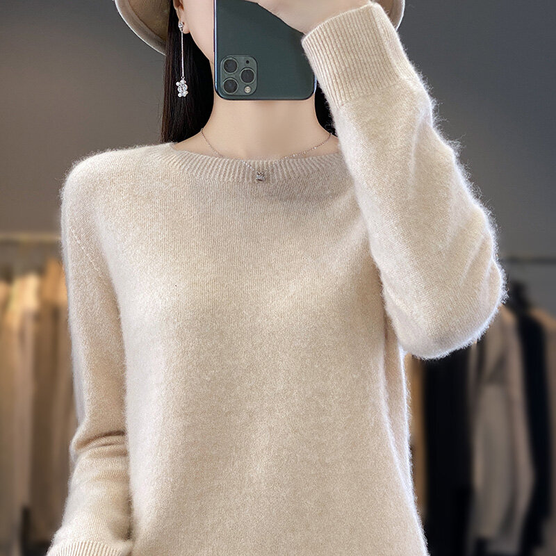 Suéter de caxemira feminino, pulôver com gola redonda, manga comprida, 100% lã, fundo de malha solto, sem costura, versão coreana2023, inverno