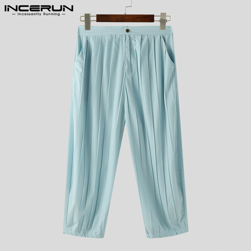INCERUN-Pantalones rectos plisados para hombre, ropa de calle masculina, larga, holgada, con botones, Color sólido, a la moda, S-5XL, 2024