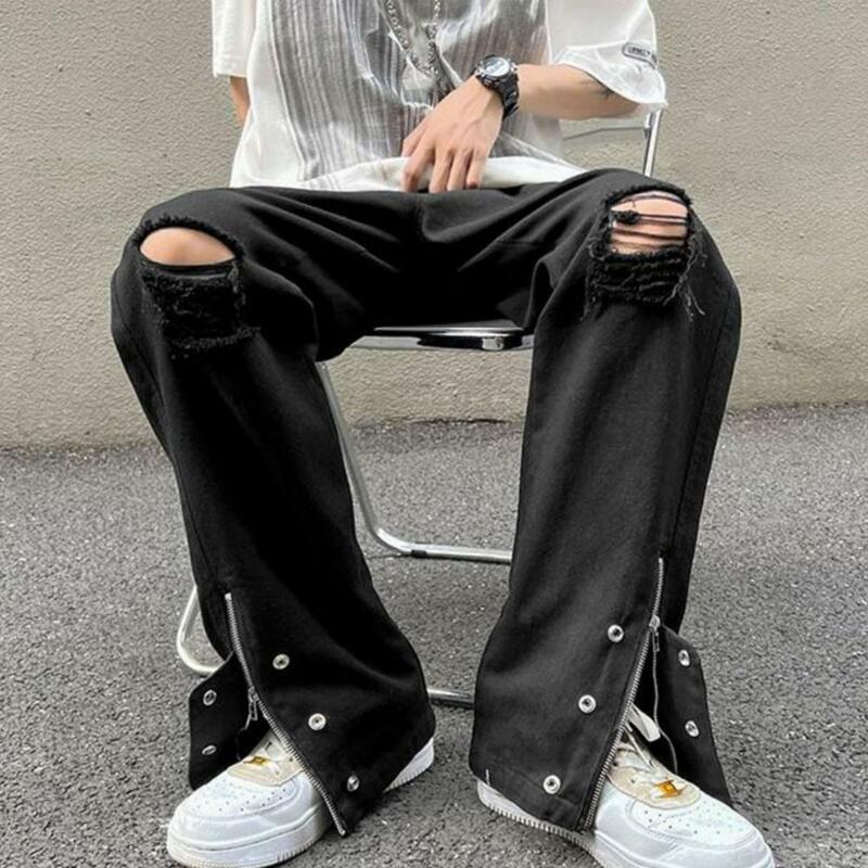 Jeans largos masculino com buracos rasgados, calça jeans de cintura média, com design de perna larga, estilo rua alta, na moda, verão