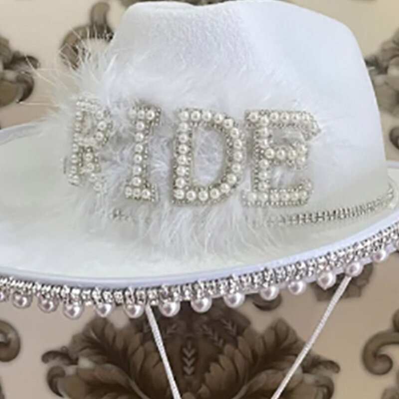 MXMB Handmade Wedding Party BRIDE Cowgirl Hat with Dangle Pearl Brim Bridal Western Shinning White Fedora Hat Sunproof