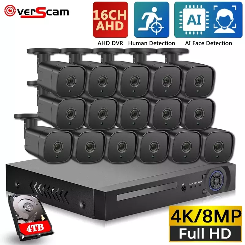 Sistema de videovigilancia con cámara de seguridad IR para exteriores, de 16 canales Kit de videovigilancia, 8MP, H.265, 8MP, 4K, 16 canales, DVR